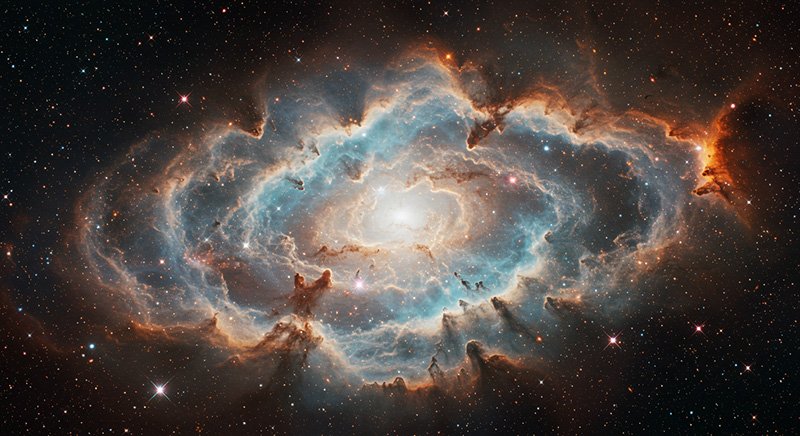 What is the Interstellar Medium (ISM)? 4 A bright, blue and orange nebula with glowing clouds of gas and dust, surrounded by stars against a black space background.