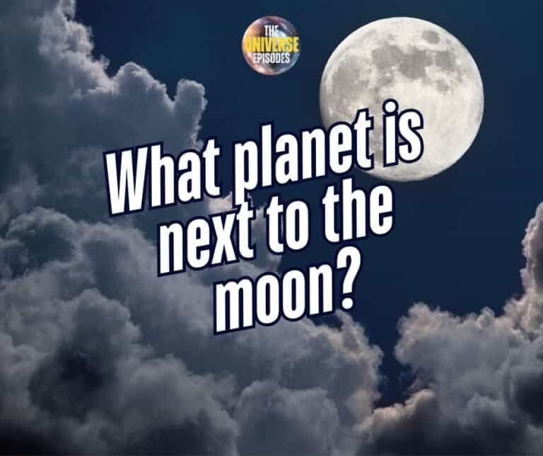 A full moon peeks through clouds in the night sky. Text on the image asks, "What planet is next to the glowing moon?" A circular logo sits prominently at the top.
