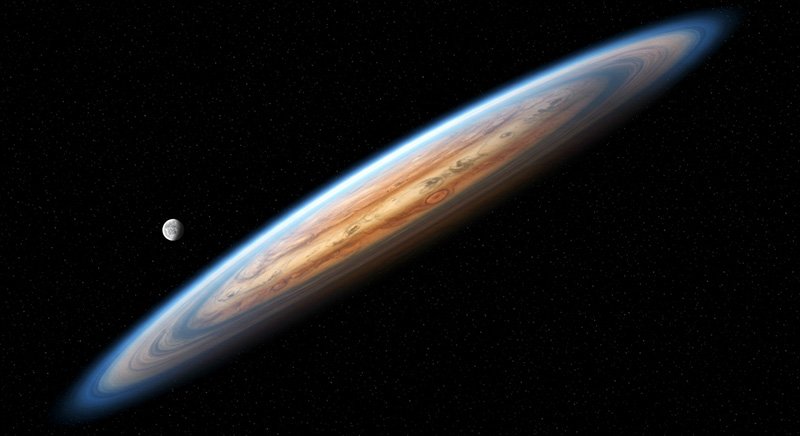 Which Planet Can Support Life Other Than Earth? 5 A flat, disk-shaped planet with cloud bands and storms floats in space with a round moon nearby. The background is black with small white stars.