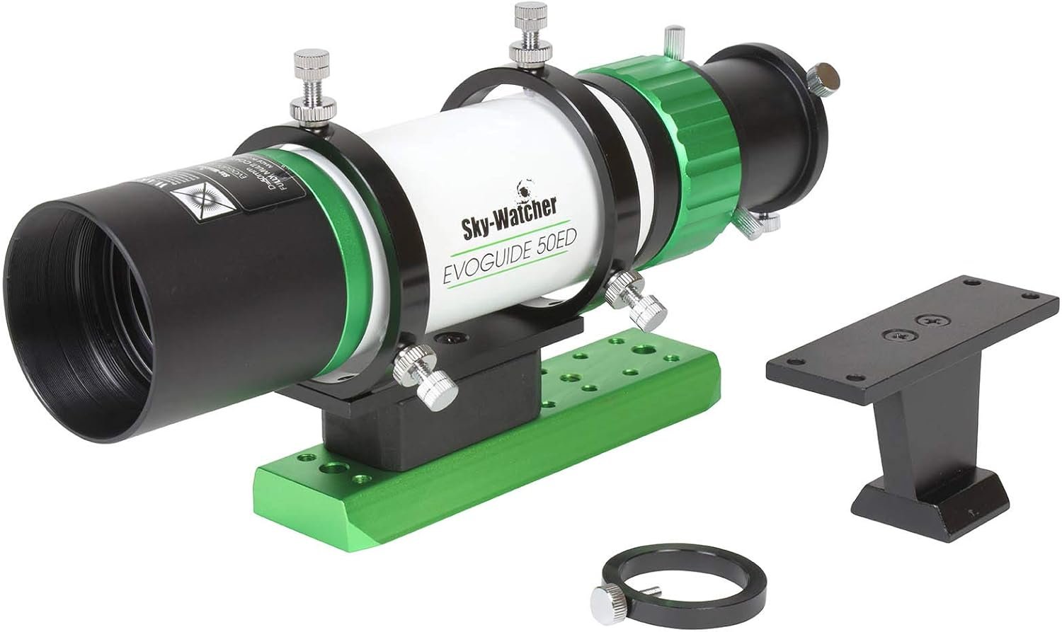Compare 2 A compact Sky-Watcher EvoGuide 50ED telescope with a green mounting base, adjustment ring, and a separate black mounting bracket shown beside it.