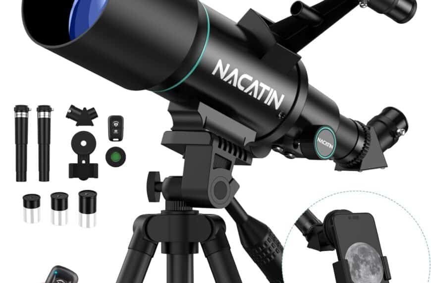 Black NACATIN telescope on a tripod with accessories, including eyepieces, phone holder, remote, and a smartphone showing a moon image.