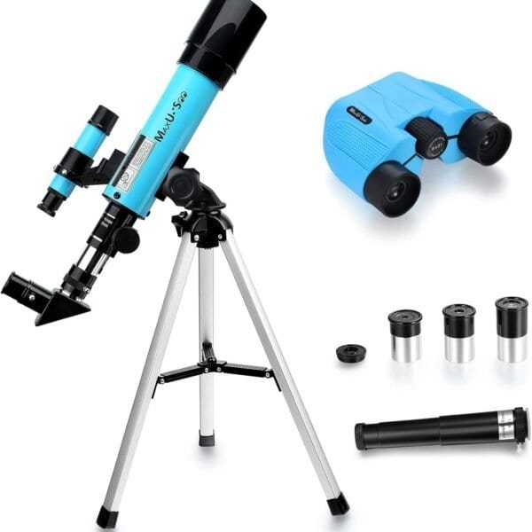 A blue telescope on a tripod with a finderscope, a pair of blue binoculars, three eyepieces, and an additional optical accessory displayed on a white background.