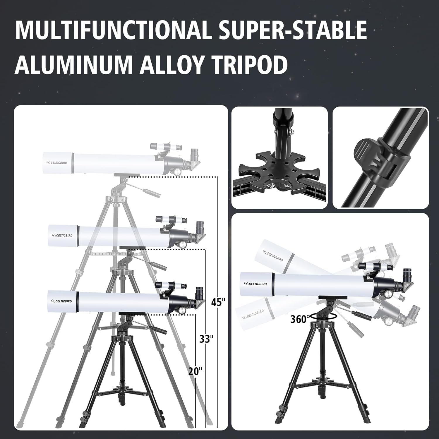 Diagram showing a multifunctional aluminum tripod with adjustable height (20" to 45"), 360-degree rotation, and locking mechanisms for stability.