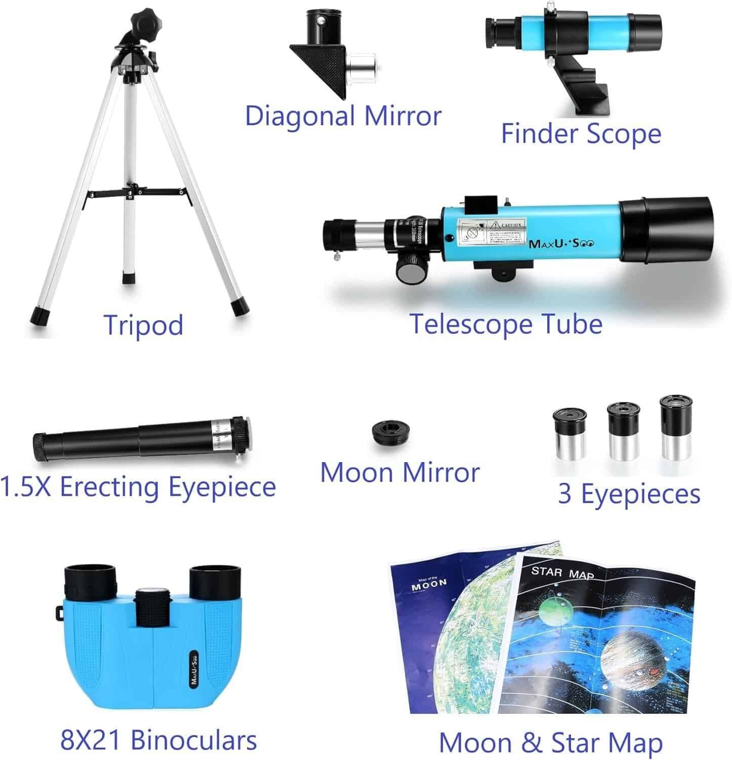 Parts of a beginner telescope kit shown labeled: tripod, diagonal mirror, finder scope, telescope tube, 1.5X erecting eyepiece, moon mirror, 3 eyepieces, binoculars, and moon & star map.