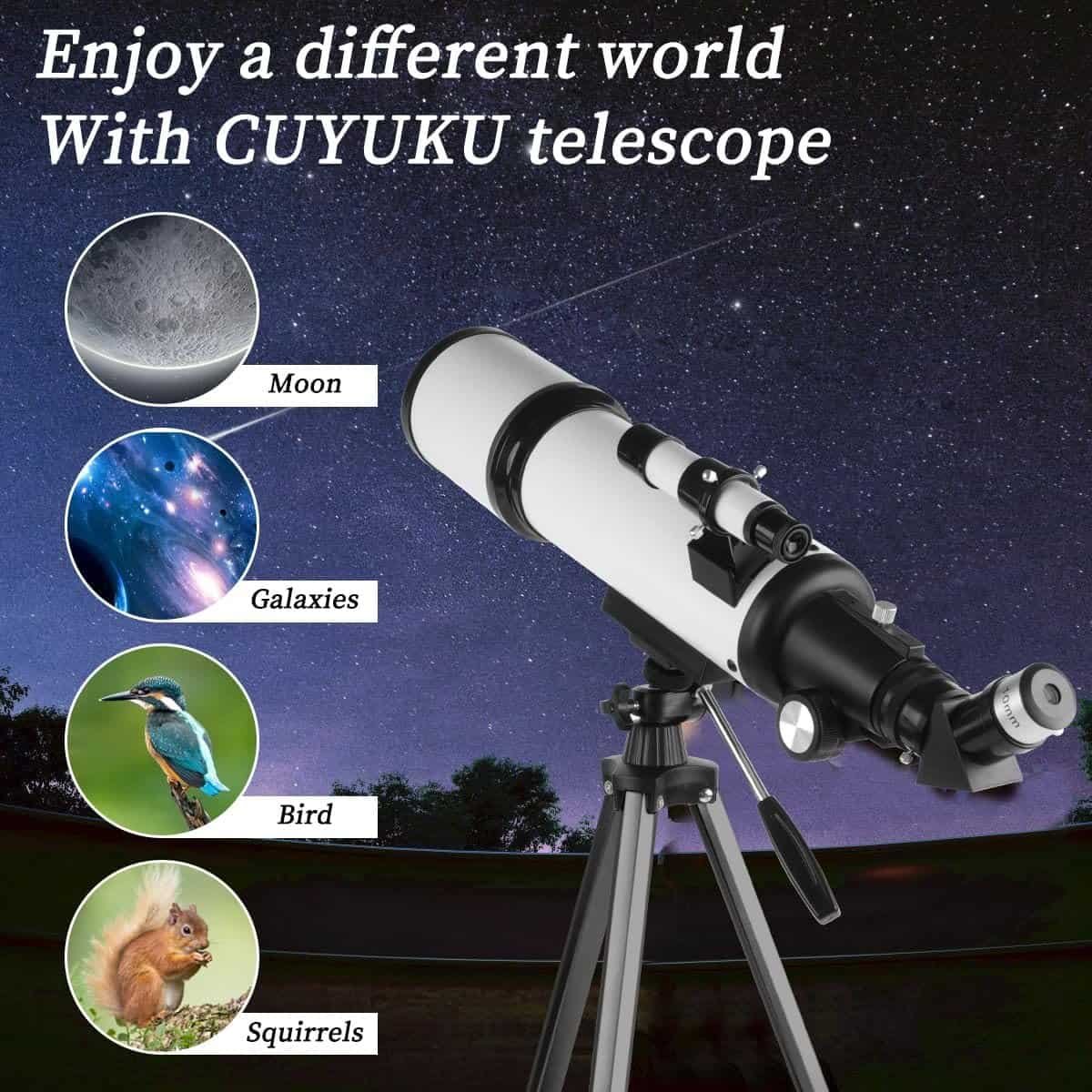 A white CUYUKU telescope on a tripod is displayed outdoors at night, with labeled images showing it can view the moon, galaxies, a bird, and a squirrel.