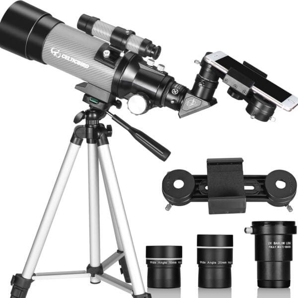 A black and gray telescope mounted on a tripod, with a smartphone adapter attached, and three additional eyepieces displayed nearby.