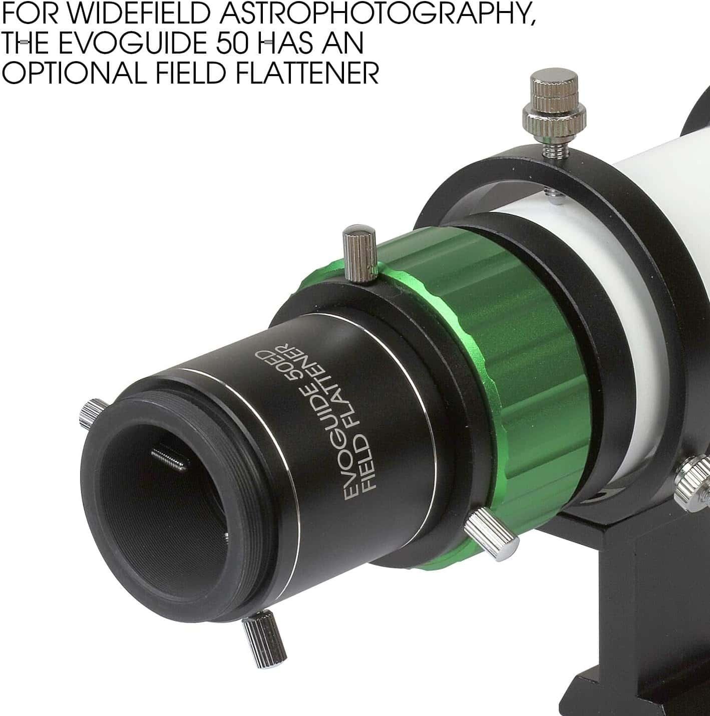 Close-up of an Evoguide 50 telescope with an attached field flattener, designed for widefield astrophotography, with text describing its optional accessory.
