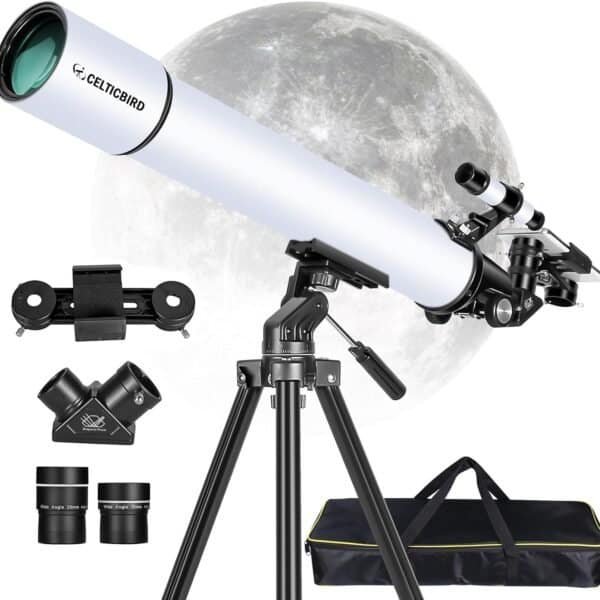 A white Celticbird telescope with tripod, two eyepieces, a smartphone adapter, accessory kit, and carrying bag, shown in front of a large moon background.