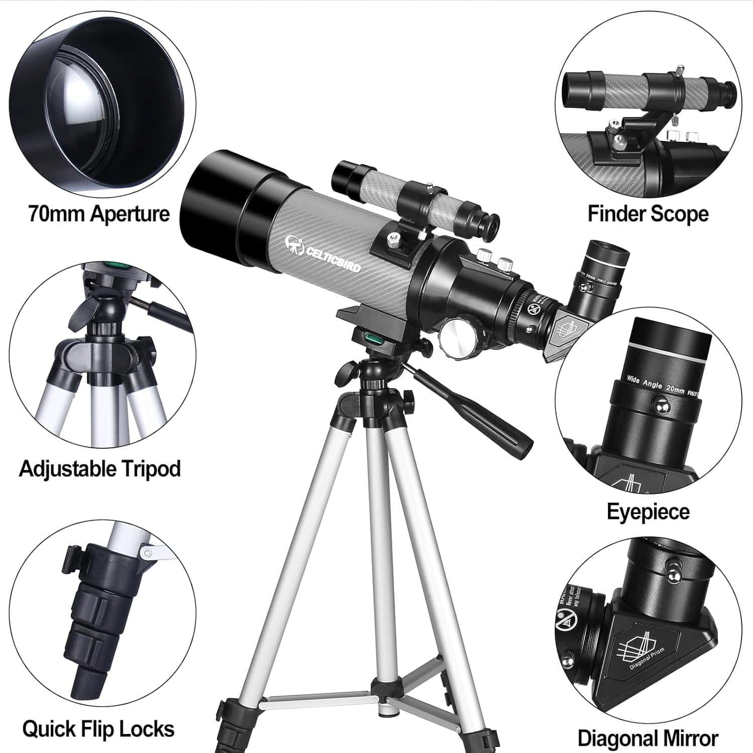 Diagram of a telescope on a tripod, highlighting features such as 70mm aperture, finder scope, adjustable tripod, eyepiece, quick flip locks, and diagonal mirror.