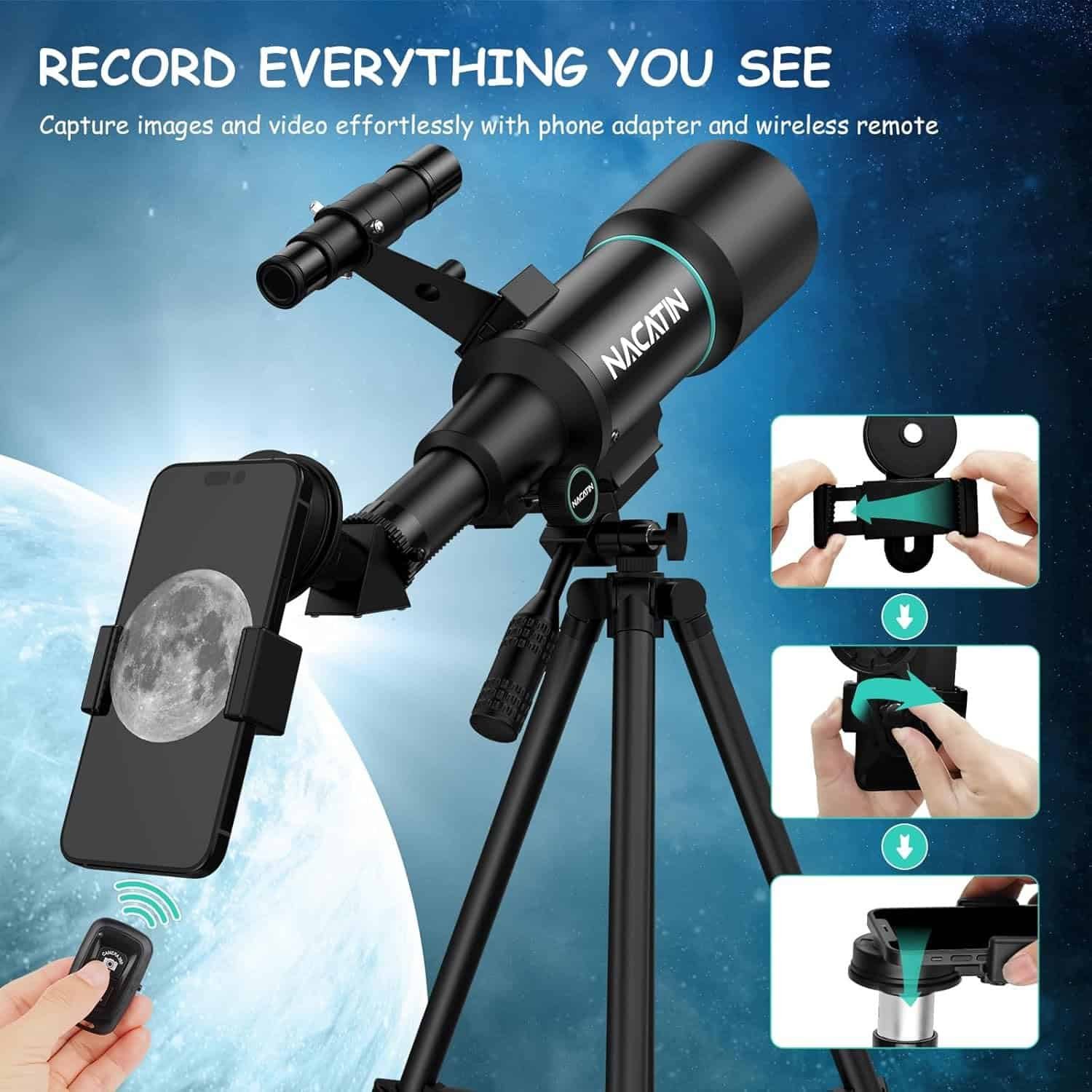 A black telescope mounted on a tripod is shown with a smartphone adapter and remote, capturing an image of the moon; step-by-step phone attachment instructions are displayed on the right.