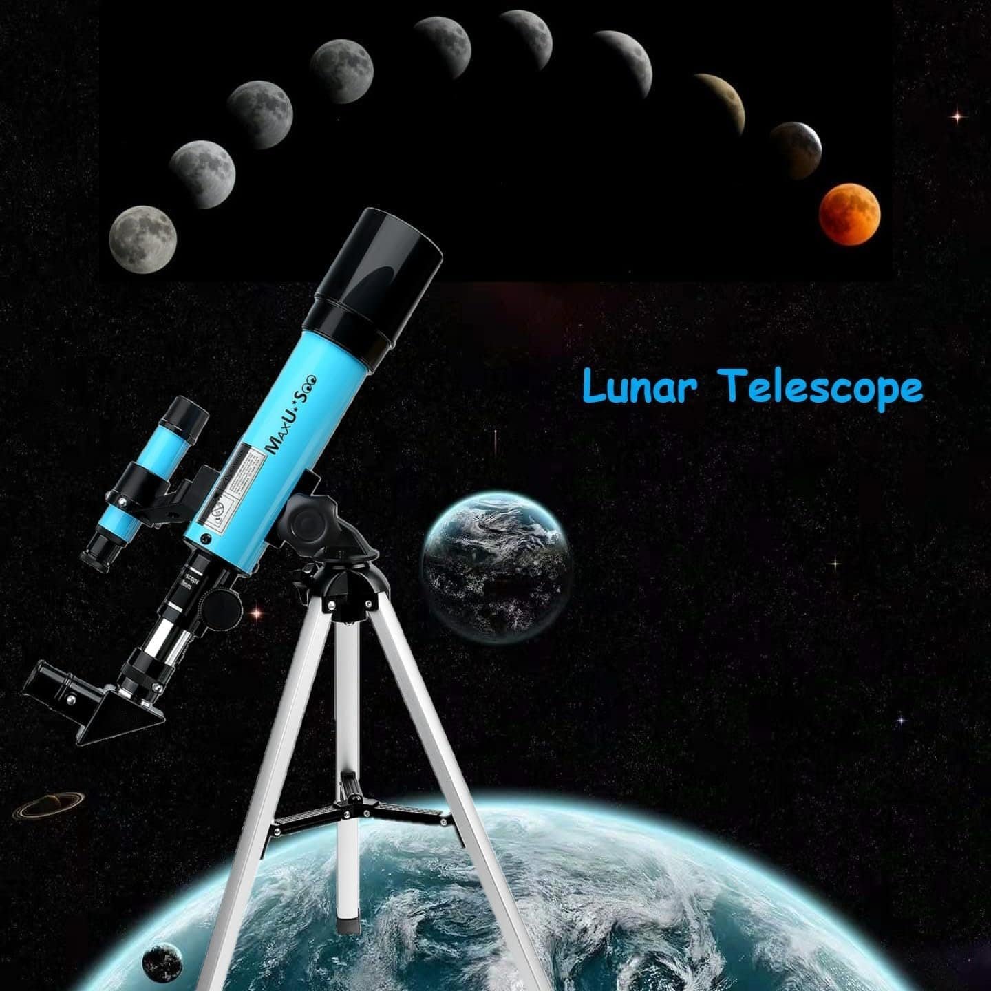 A blue telescope on a tripod is positioned above Earth with the moon phases and a lunar eclipse shown in the background. The text "Lunar Telescope" appears on the right.