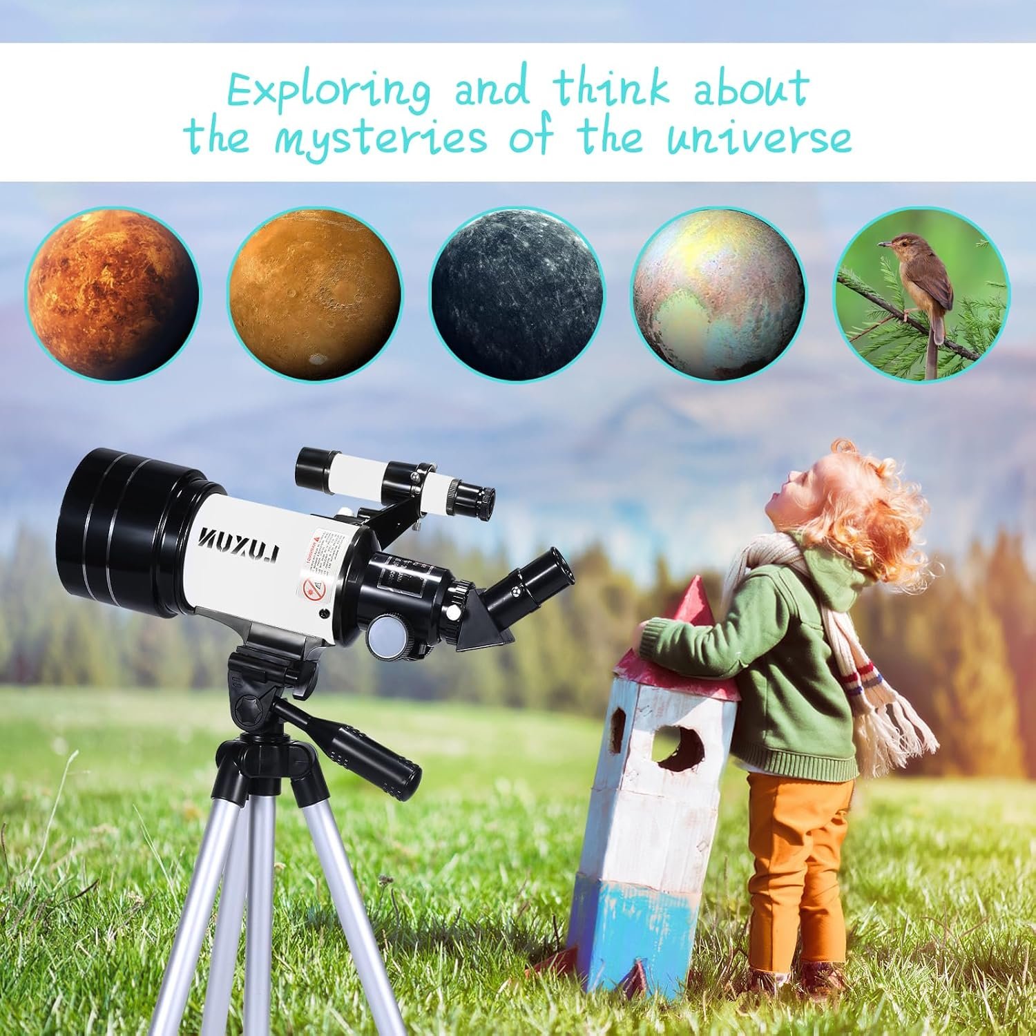 A child stands outdoors next to a cardboard rocket and telescope, looking up at the sky with planet images and a bird above, accompanied by text about exploring the universe.