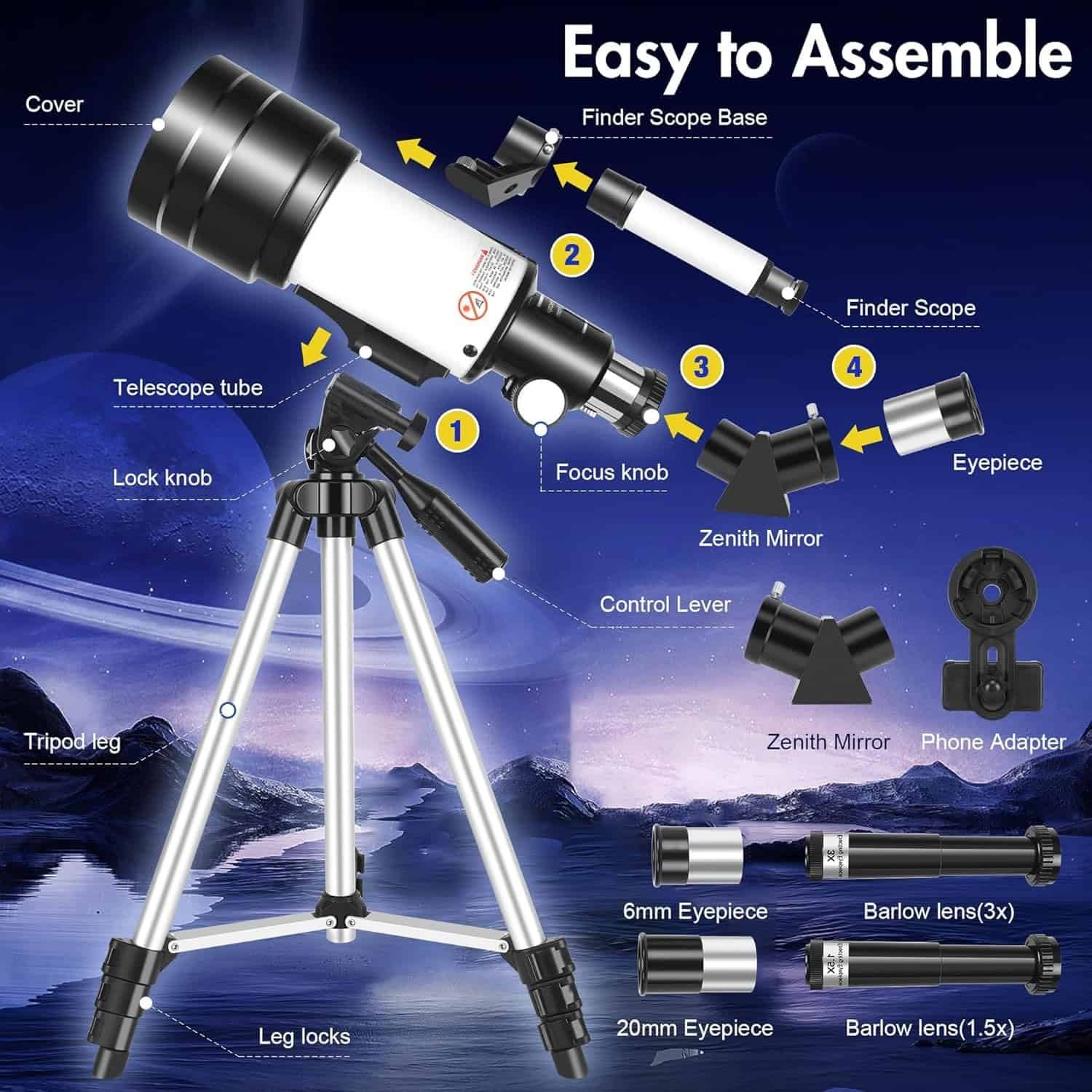 Diagram showing the assembly of a telescope on a tripod, with labeled parts including the tube, eyepieces, finder scope, zenith mirror, and phone adapter.