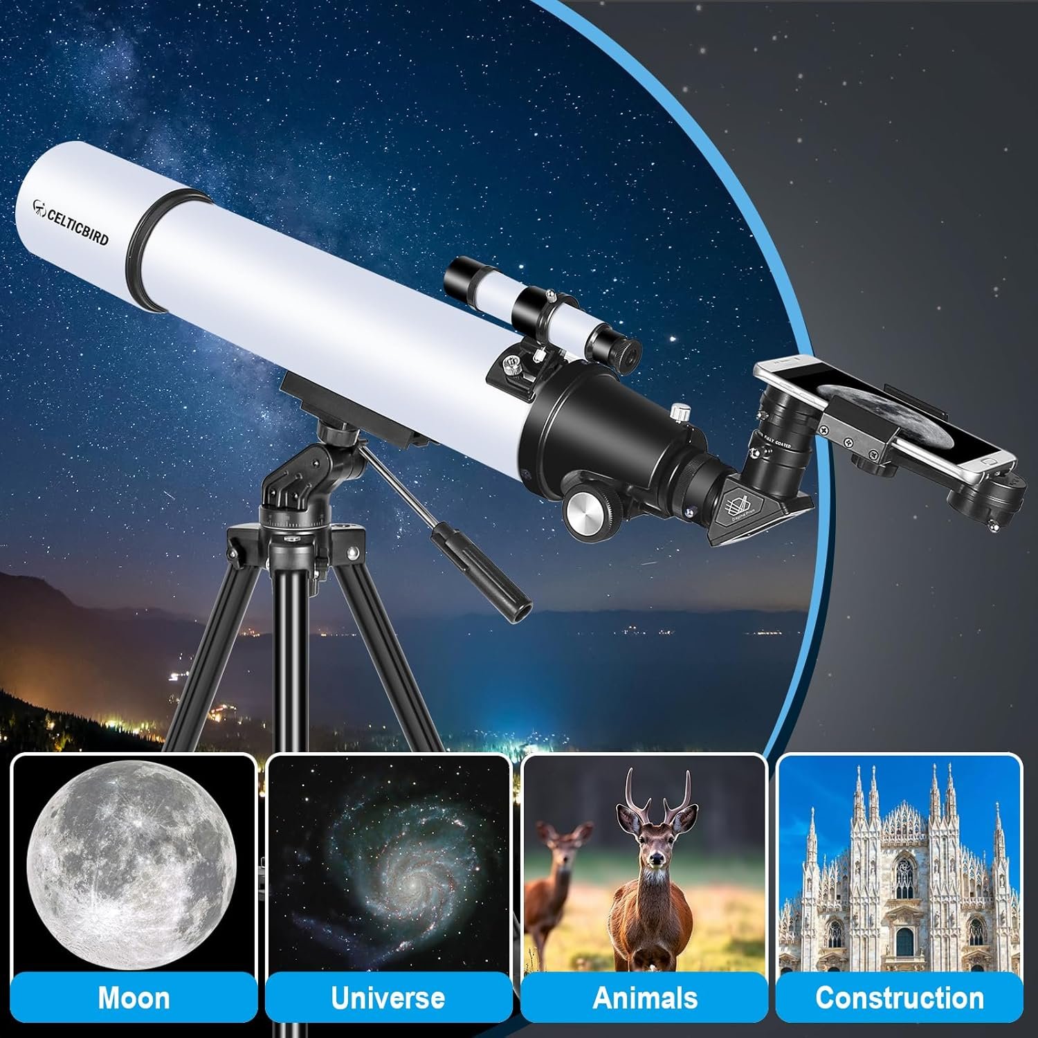 A white telescope on a tripod is shown with a smartphone mount. Icons below depict the moon, a galaxy, deer, and a cathedral to illustrate possible viewing subjects.
