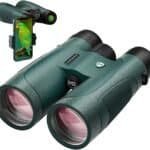 🔭 GIGAPENGUIN 15x52 HD Binoculars, featuring a textured grip in green, are shown next to a smartphone adapter displaying a bird photo on the phone screen—see the world in unmatched clarity.
