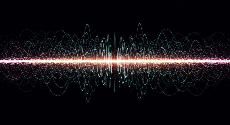 Is Gravity a Force? A Comprehensive Exploration of Its True Nature 2 Abstract digital illustration of overlapping blue and pink sound waves or frequency patterns radiating from a central horizontal line on a black background.