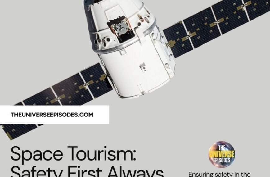 A spacecraft orbits in space with the text "Space Tourism: Safety First Always" and theuniverseepisodes.com featured prominently, highlighting the importance of safety in space tourism adventures.