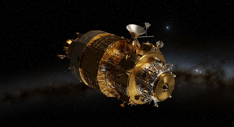 Voyager 1 Space Discoveries | What NASA Found Beyond the Solar System 6 A gold and silver spacecraft floats in outer space with a starry background and part of the Milky Way visible behind it.