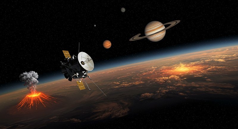 Voyager 1 Space Discoveries | What NASA Found Beyond the Solar System 4 A spacecraft orbits above a planet with active volcanoes, while several planets, including Saturn with visible rings, appear in the background.