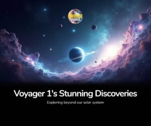 Illustration of a planet with rings in space, surrounded by clouds and stars, with the text "NASA Voyager 1's Stunning Discoveries – Exploring beyond our solar system.