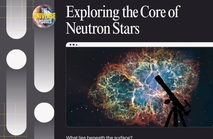 A telescope silhouette points at a colorful nebula on a graphic titled "Exploring the Core of Neutron Stars," with the caption "What lies beneath the surface of a Neutron Star?.