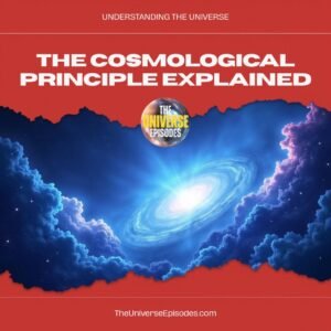Illustration of a bright spiral galaxy in blue tones with the text "The Cosmological Principle Explained" above it on a red background, highlighting our understanding of the universe and its underlying principles.