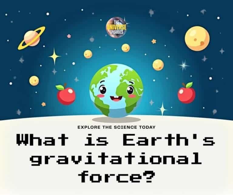 Illustration of a smiling Earth surrounded by apples and planets in space, with the text "What is Earth's gravitational force?" and "Explore the science of gravity on Earth today.