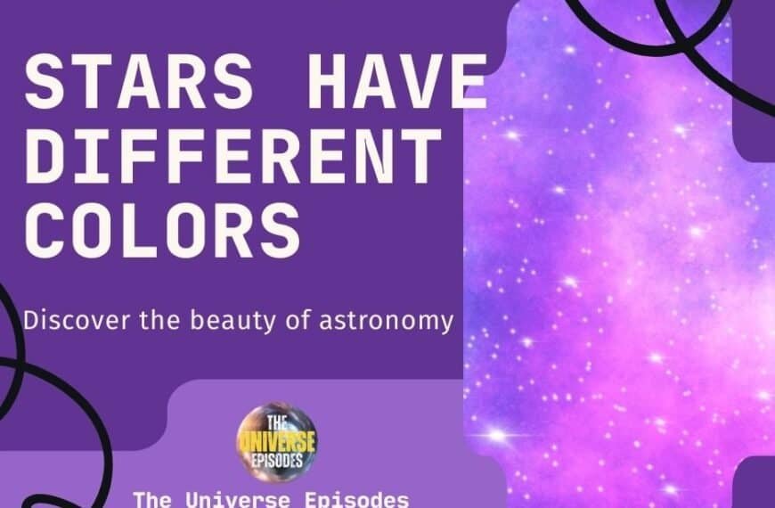 Promotional graphic with the text "Stars have different colors. Discover the beauty of astronomy. The Universe Episodes" on a purple background with star patterns and abstract black lines.