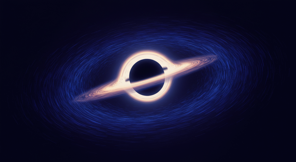 Is Gravity a Force? A Comprehensive Exploration of Its True Nature 4 A glowing black hole with a bright ring of light and swirling blue matter shaped by intense gravity, set against a dark background.