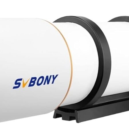 A white SVBONY refractor telescope with black fittings, mounted on a small dovetail base, shown against a white background.