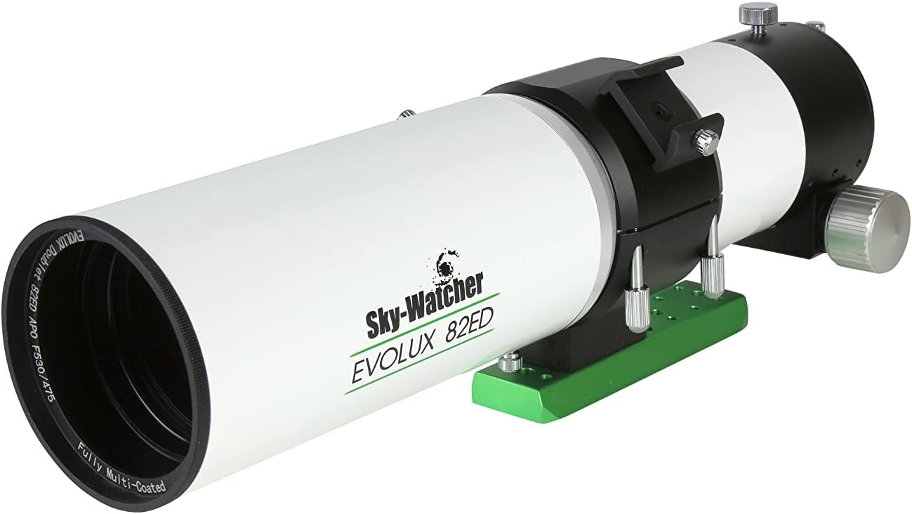 Compare 3 A white Sky-Watcher Evolux 82ED refractor telescope with a green mounting plate and adjustment knobs, shown on a white background.