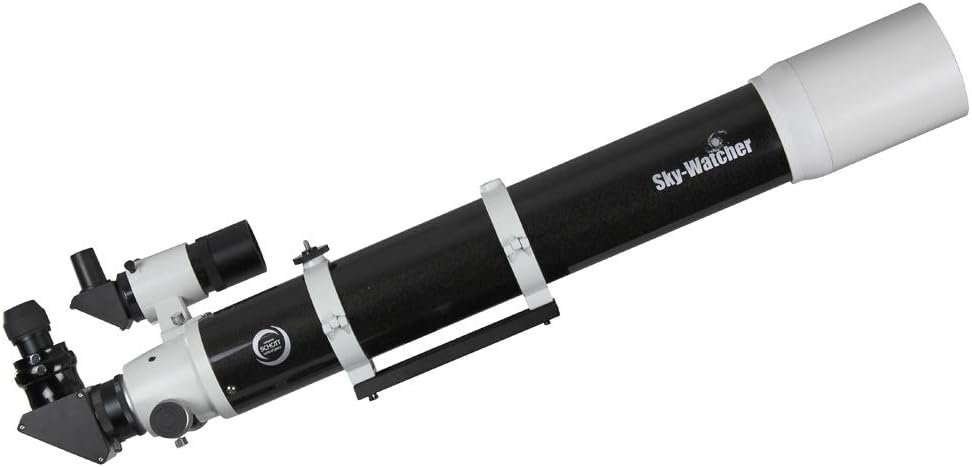 A black and white Sky-Watcher refractor telescope with a long optical tube and attached finderscope, shown against a white background.