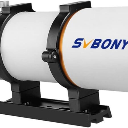 A white SVBONY telescope with a green lens, black mounting hardware, and an orange adjustment knob, shown on a white background.