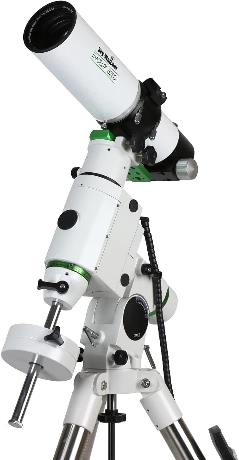 A white Sky-Watcher Evostar 120ED telescope mounted on an equatorial tripod with adjustment knobs and cables.