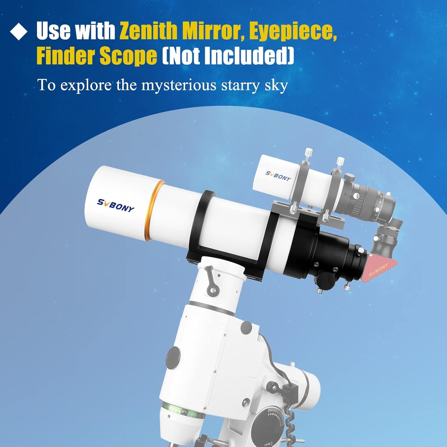 A white and black telescope mounted on a tripod, with a label indicating the use of a zenith mirror, eyepiece, and finder scope (not included), against a starry blue background.