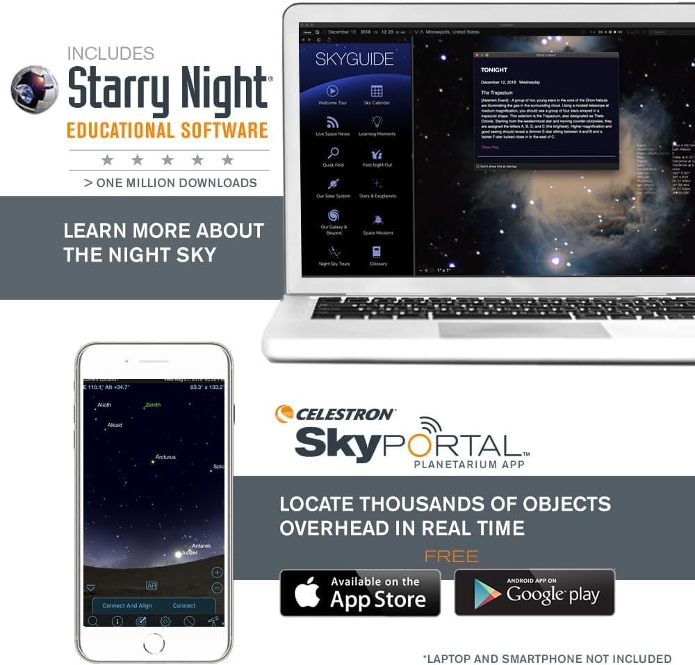 Promotional image showing Starry Night and Skyportal apps on a laptop and smartphone, with download icons for App Store and Google Play, advertising night sky exploration software.