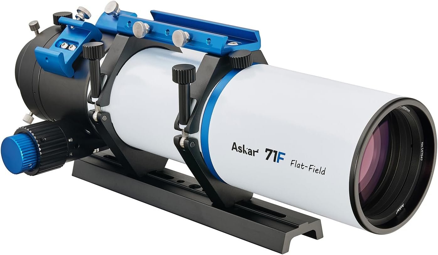 A white and blue Askar 71F Flat-Field refractor telescope mounted on a black base, designed for astronomy and astrophotography.