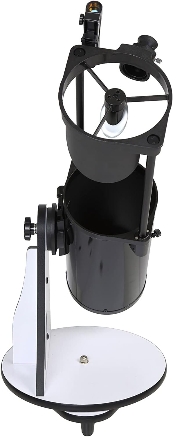 A tabletop Dobsonian telescope with a black cylindrical tube, open frame upper assembly, and mounted on a circular white base.