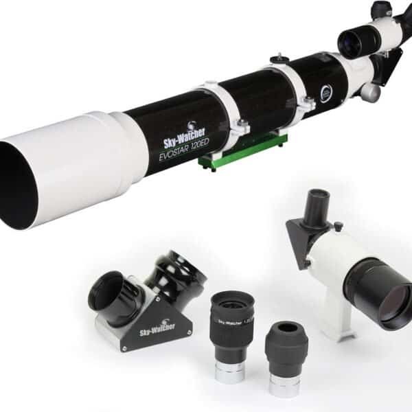 A black and white Sky-Watcher EVOSTAR 120ED telescope with two eyepieces, a diagonal, and a finderscope displayed separately.