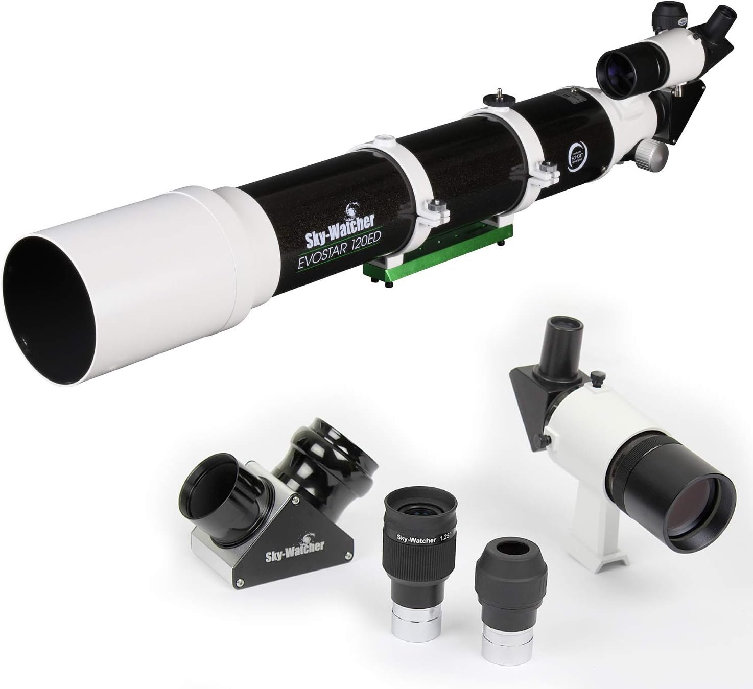 A black and white Sky-Watcher EVOSTAR 120ED telescope with two eyepieces, a diagonal, and a finderscope displayed separately.