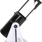 A tabletop reflector telescope with a black optical tube and a white mount, labeled "Sky-Watcher Heritage 150P.