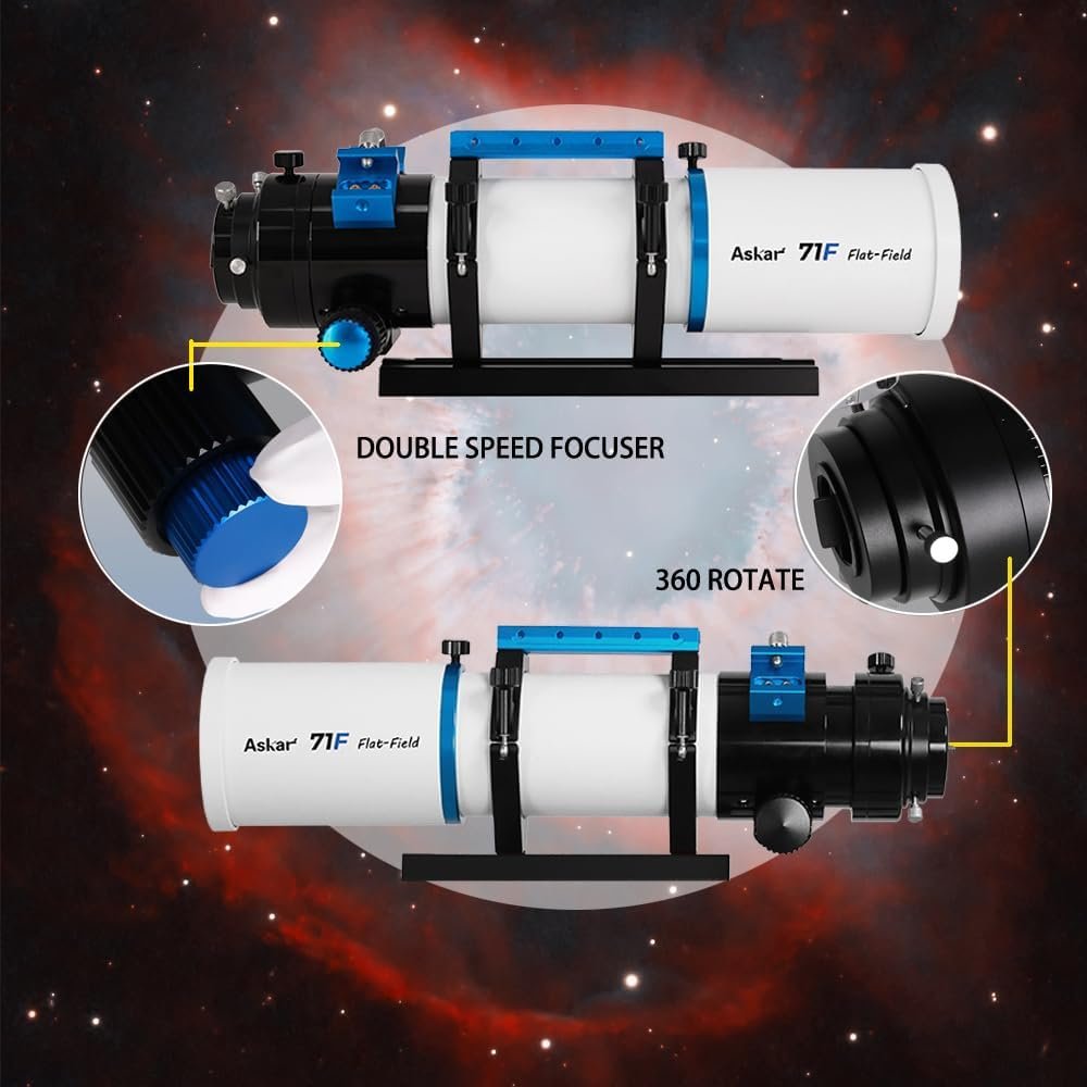 A white and black Askar 71F Flat-Field telescope with labeled features: double speed focuser and 360-degree rotate mechanism, shown against a blurred space background.