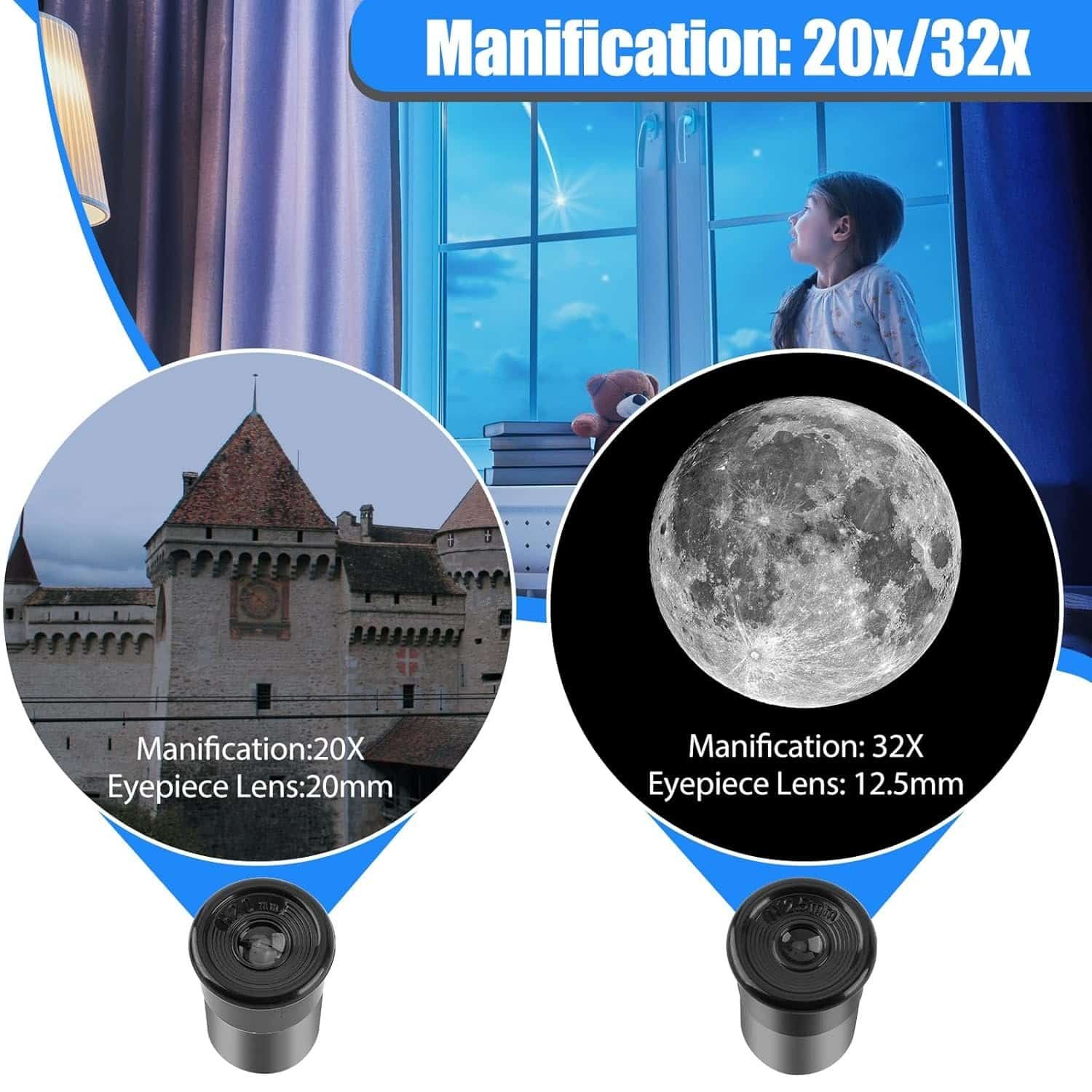 A girl looks out a window at night; below are two circular insets showing views through a telescope at 20x and 32x magnification of a castle and the Moon, with lens specs listed.