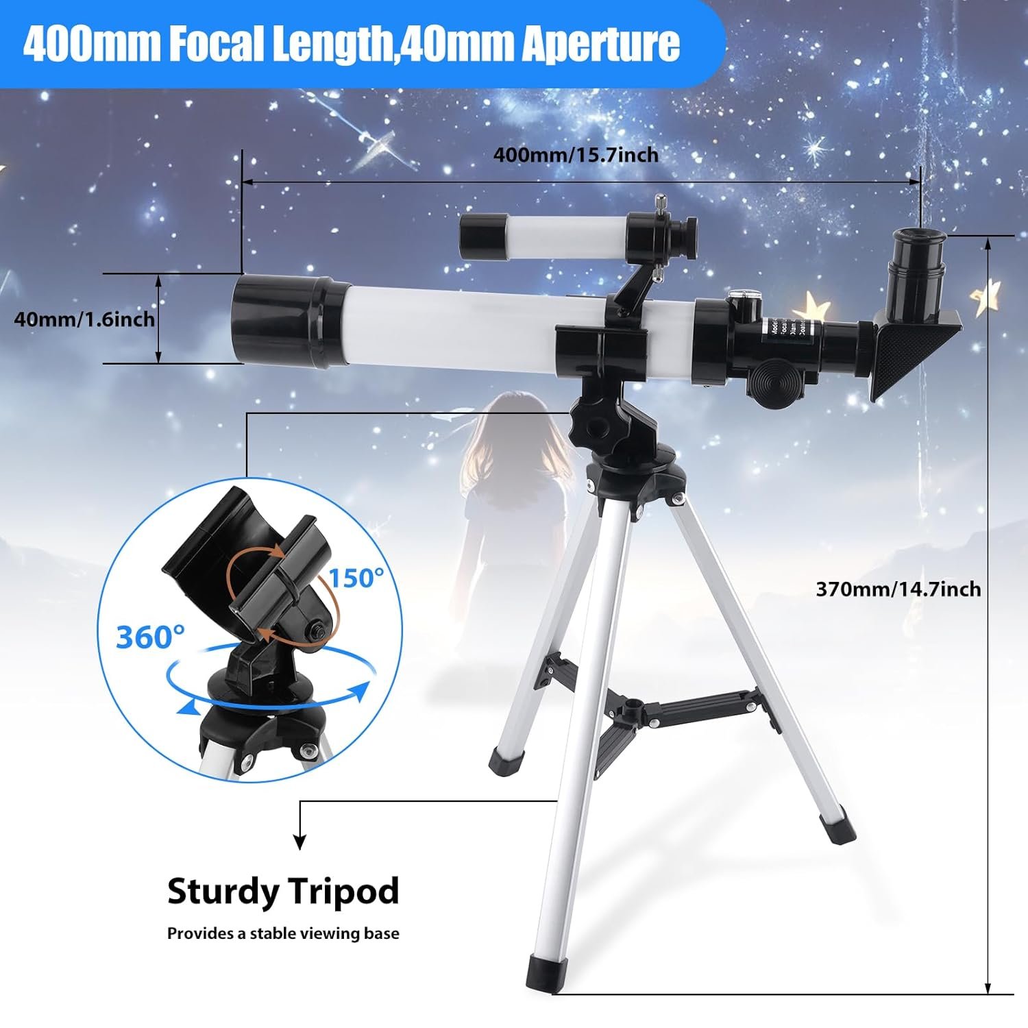 StarGazer Telescope for Kids & Beginners Adults 40/400mm Astronomical Refractor with Finder Scope Compass and Tripod