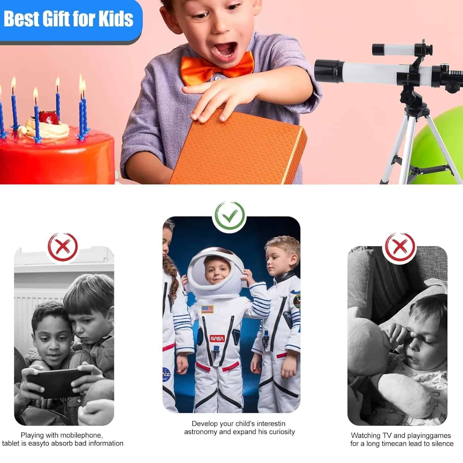 A child excitedly opens a present next to a cake and telescope; below, images compare gift options for kids, highlighting an astronaut costume as the preferred choice.