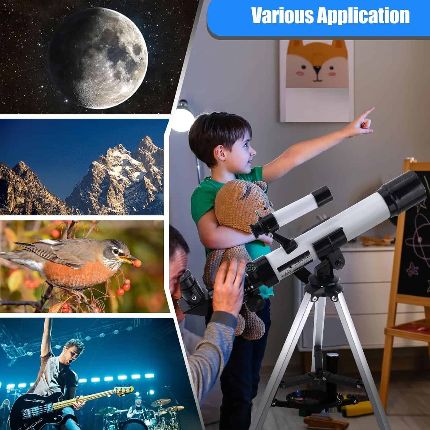 Collage showing a boy using a telescope indoors, with images of the moon, mountains, a bird, and a musician performing on stage. Text reads "Various Application.