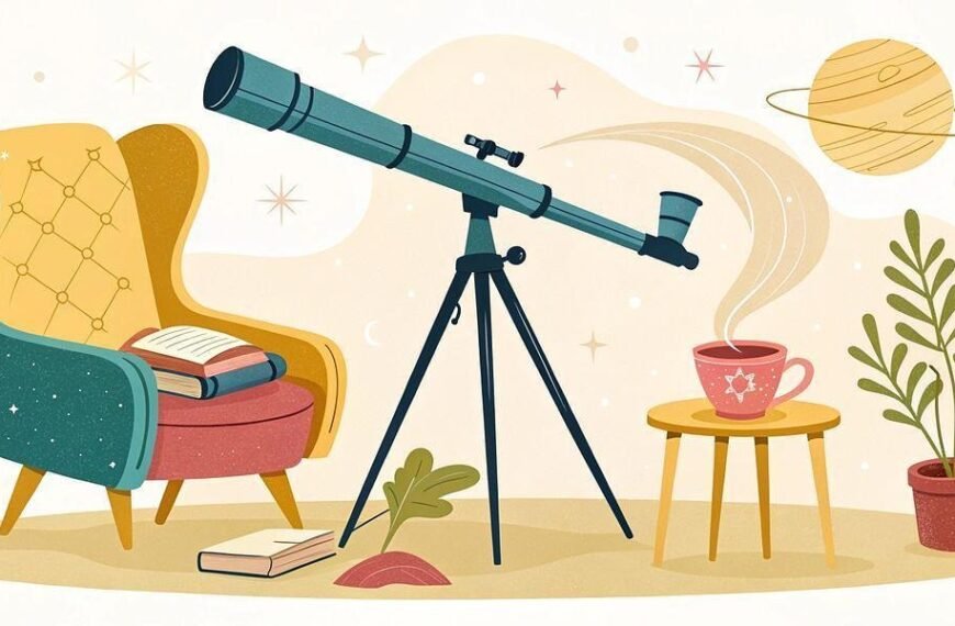An armchair, an open book, a telescope on a tripod, a cup on a side table, a potted plant, and a drawing of a planet in the background.