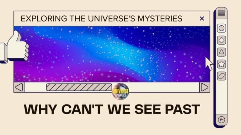 A digital illustration of a video player with a cosmic background, labeled "Exploring the Universe's Mysteries," and text reading "WHY CAN'T WE SEE PAST the cosmological horizon.