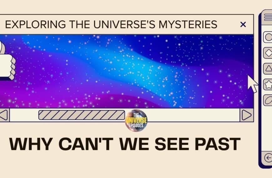 A digital illustration of a video player with a cosmic background, labeled "Exploring the Universe's Mysteries," and text reading "WHY CAN'T WE SEE PAST the cosmological horizon.