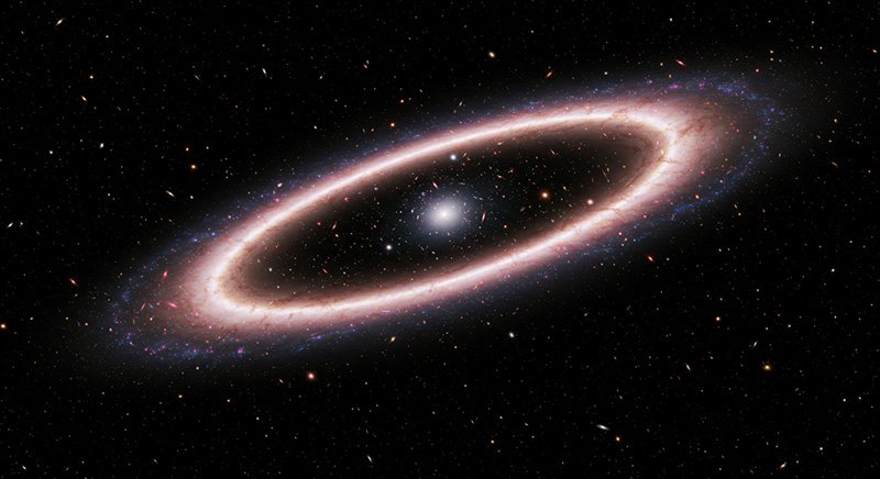 Why can't we see past the cosmological horizon? 3 A bright, glowing ring of dust and gas surrounds a luminous core in a spiral galaxy, set against distant stars and galaxies near the cosmological horizon of space.